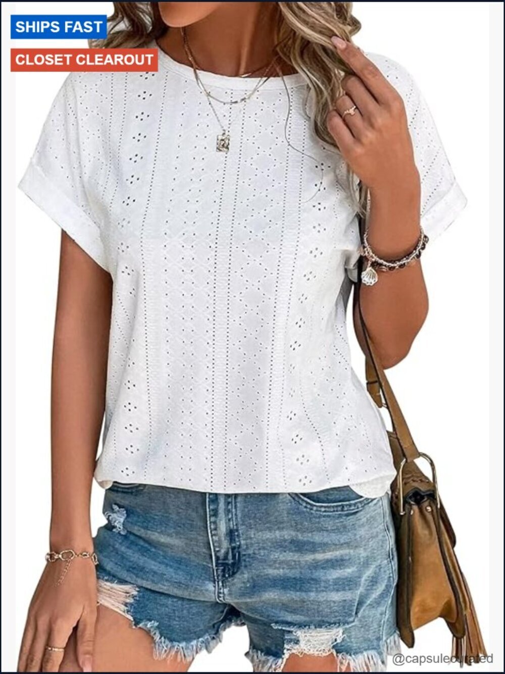 Eyelet Embroidery Curved Hem Short Sleeve T-Shirt Blouse Summer Beach Vacation